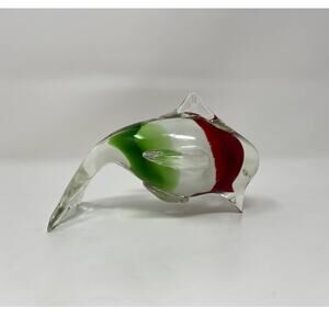 Pretty Art Glass Fish Figurine Display Decor Collectible Retro Green Red White